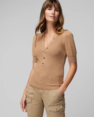 Elbow Sleeve Cashmere Blend Puff Henley Sweater