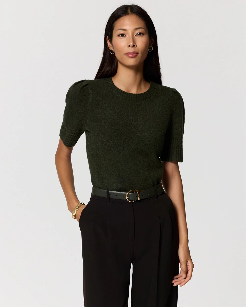 Crew Neck Elbow Sleeve Pullover