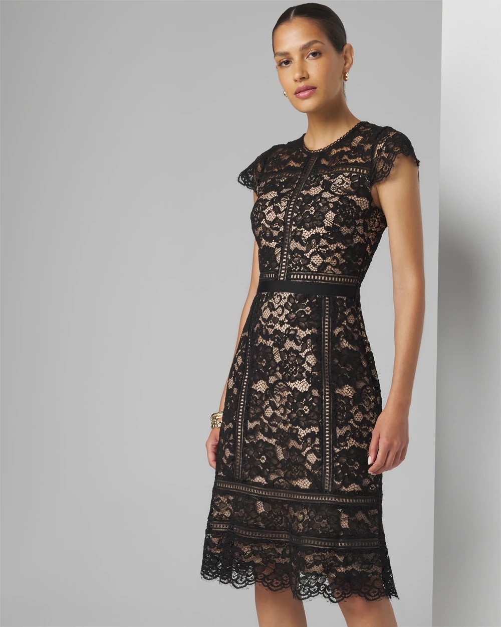 Short Sleeve Lace Fit-and-Flare Dress | White House Black Market Short Sleeve Lace Fit-and-Flare Dress | White House Black Market