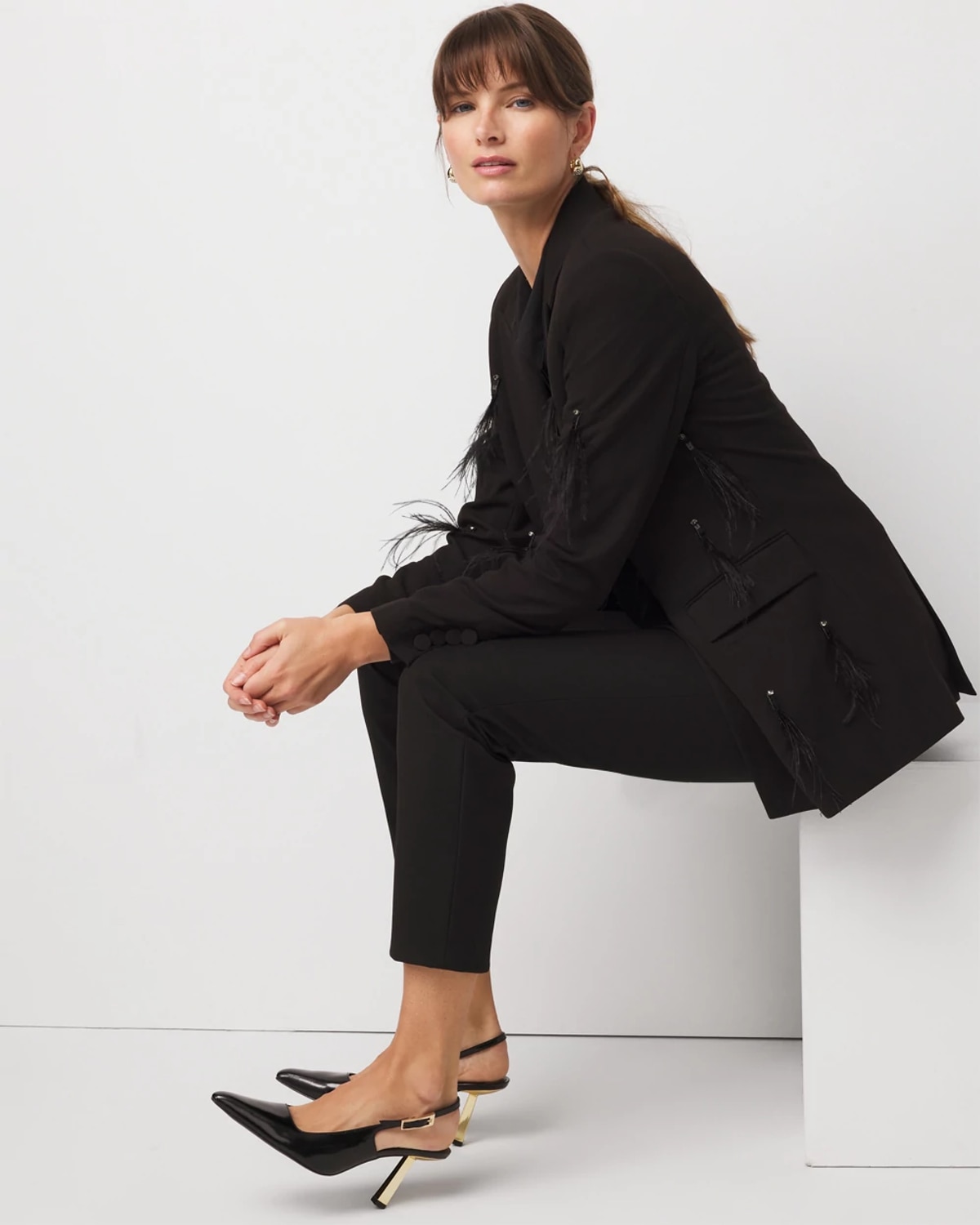 White House Black Market Feather Embellished Double-breasted Blazer In Black