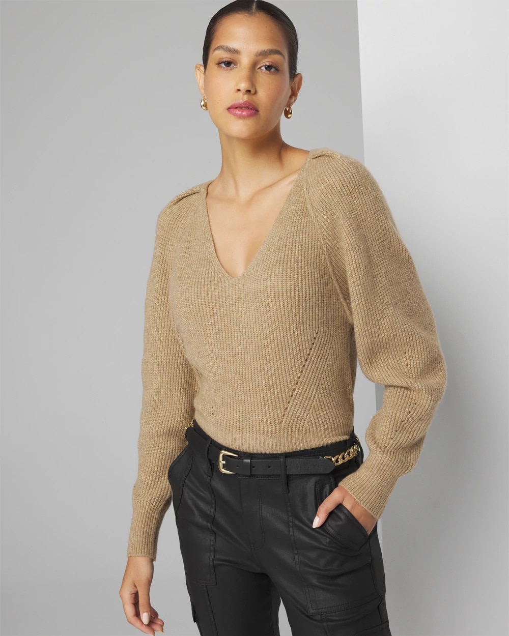 Pleated Shoulder V-neck Pullover Sweater - image 1