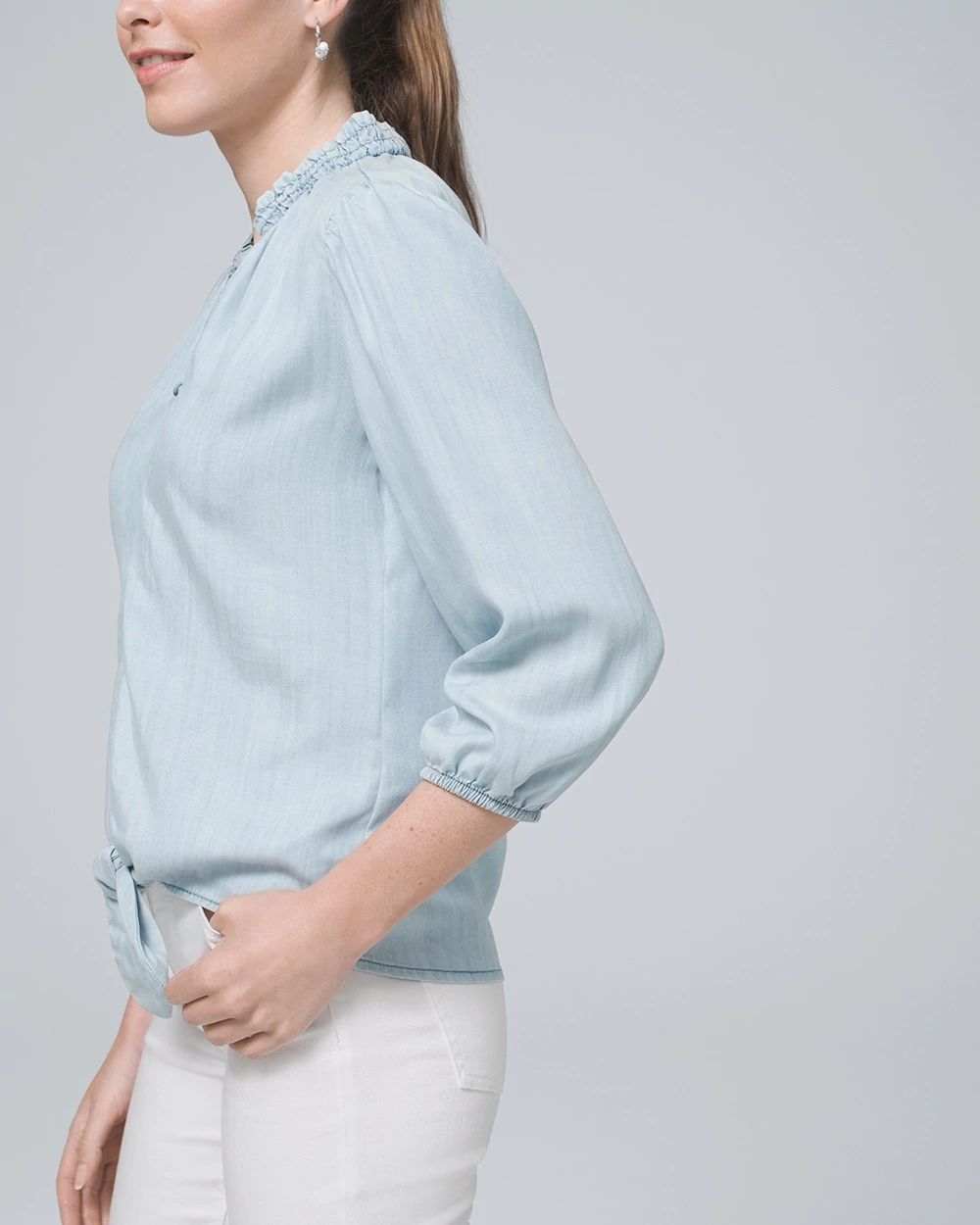 3/4-Sleeve Tie-Front Silky-Soft Denim Top click to view larger image.