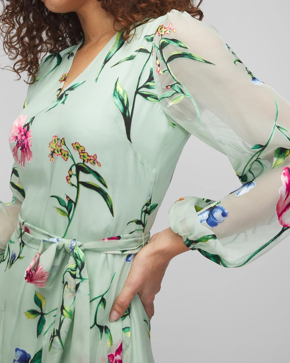 Long Sleeve Burnout V-Neck Godet Dress