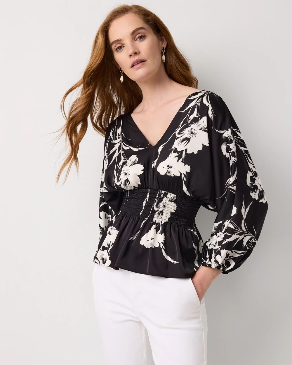 Petite 3/4 Sleeve Smocked Waist Kimono