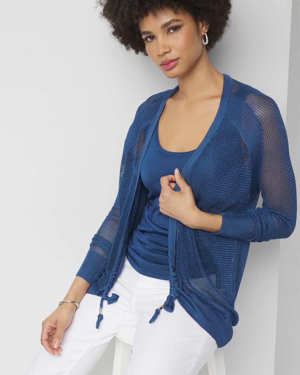 Mesh Cinched Cardigan Sweater