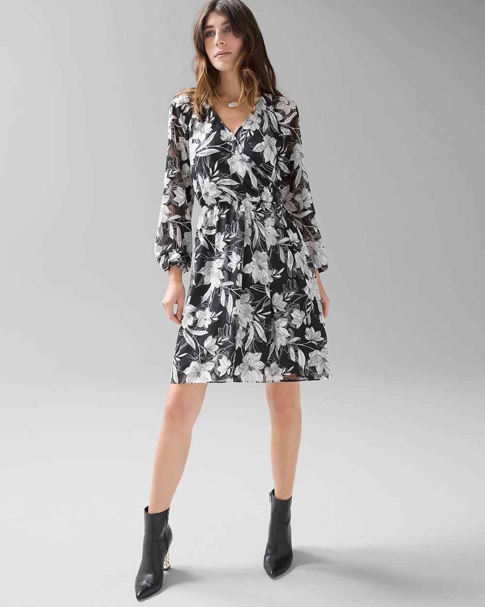 Long-Sleeve V-Neck Jacquard A-Line Dress