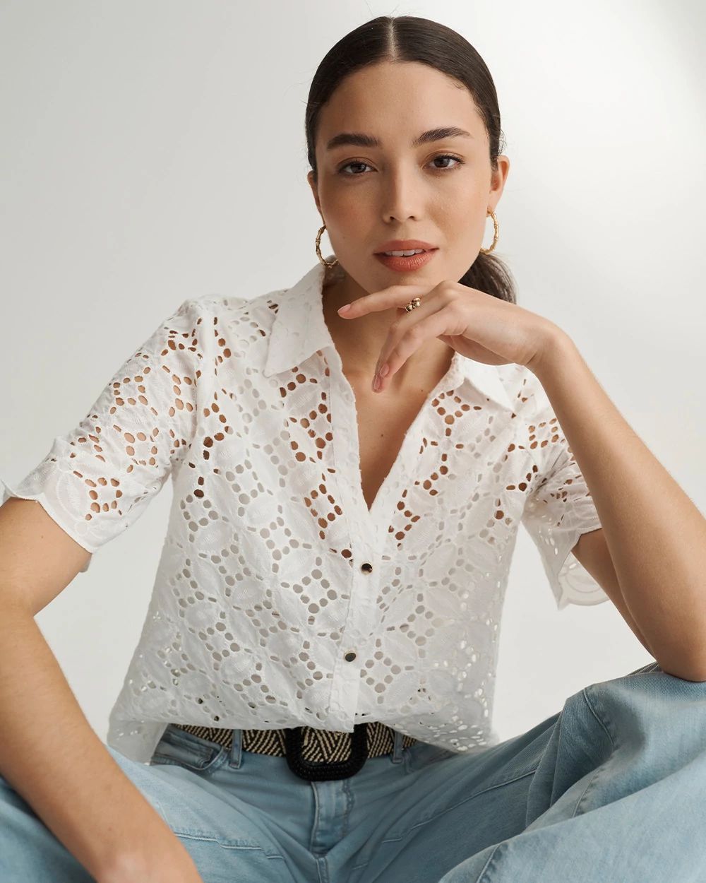 Elbow Sleeve Lace Cotton Shirt