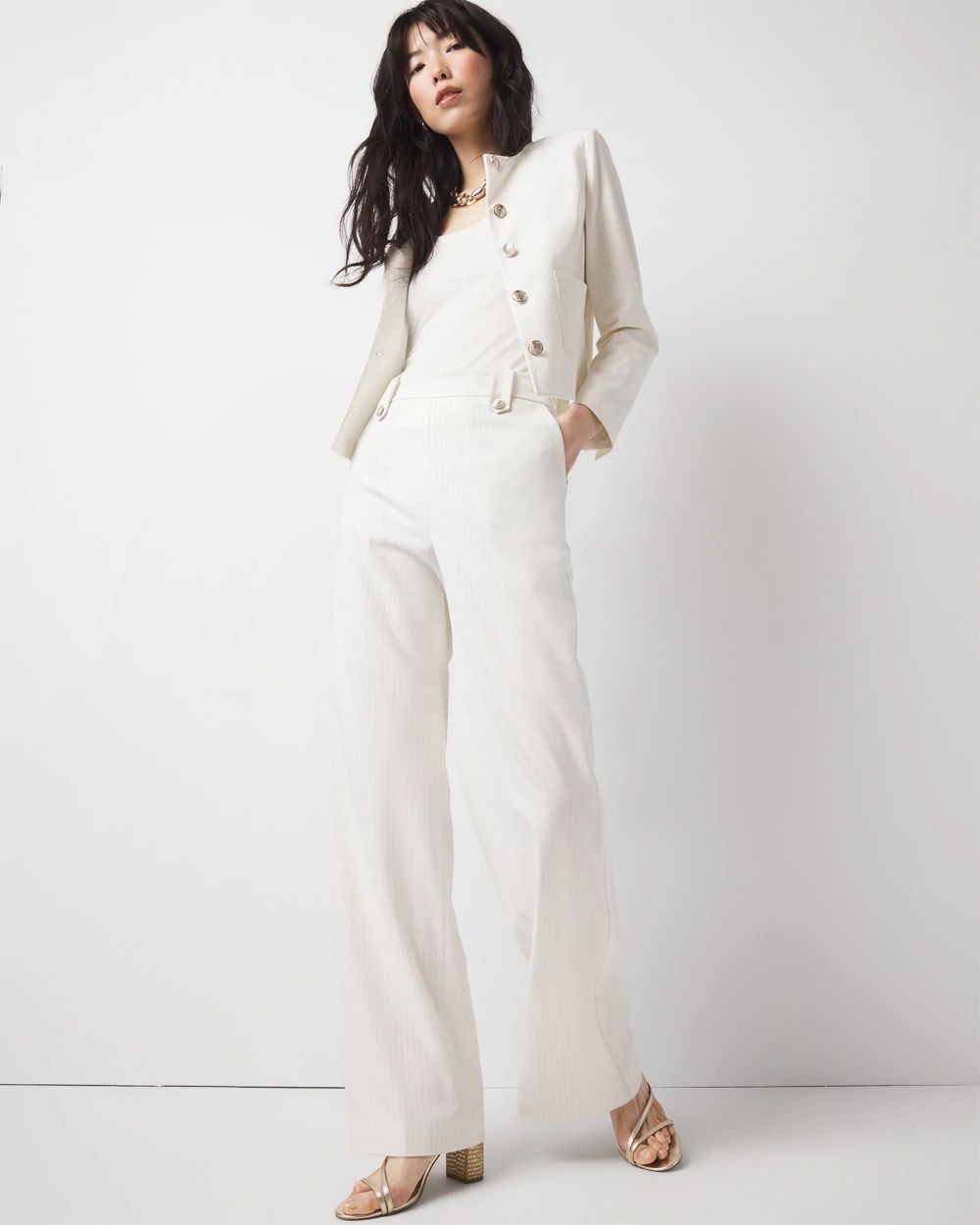 Petite Pinstripe Button-Tab Wide Leg Trouser