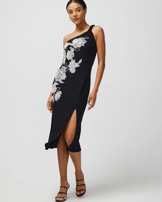One-Shoulder Embroidered Matte Jersey Midi Dress