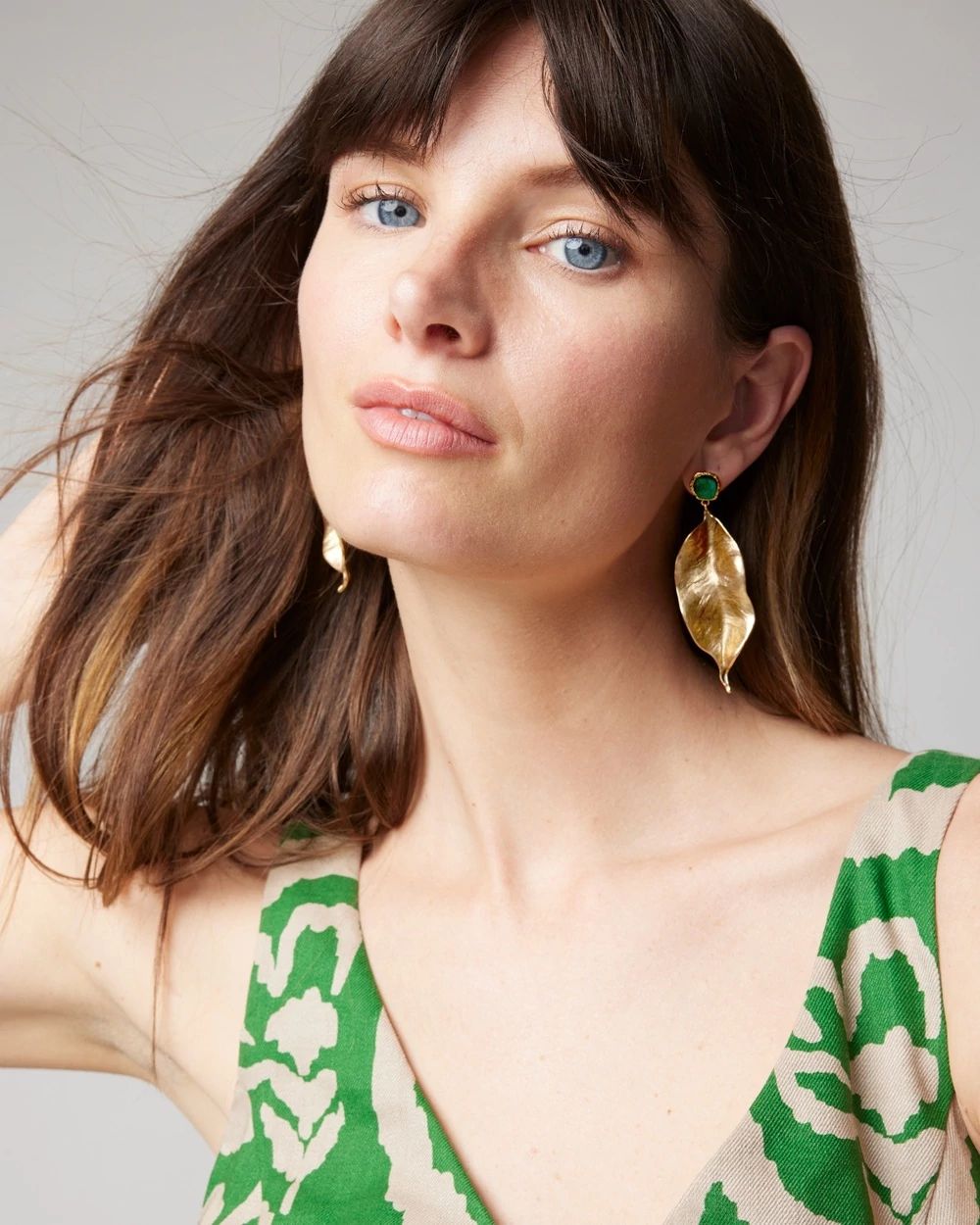 Gold Green Floral Post Earrings