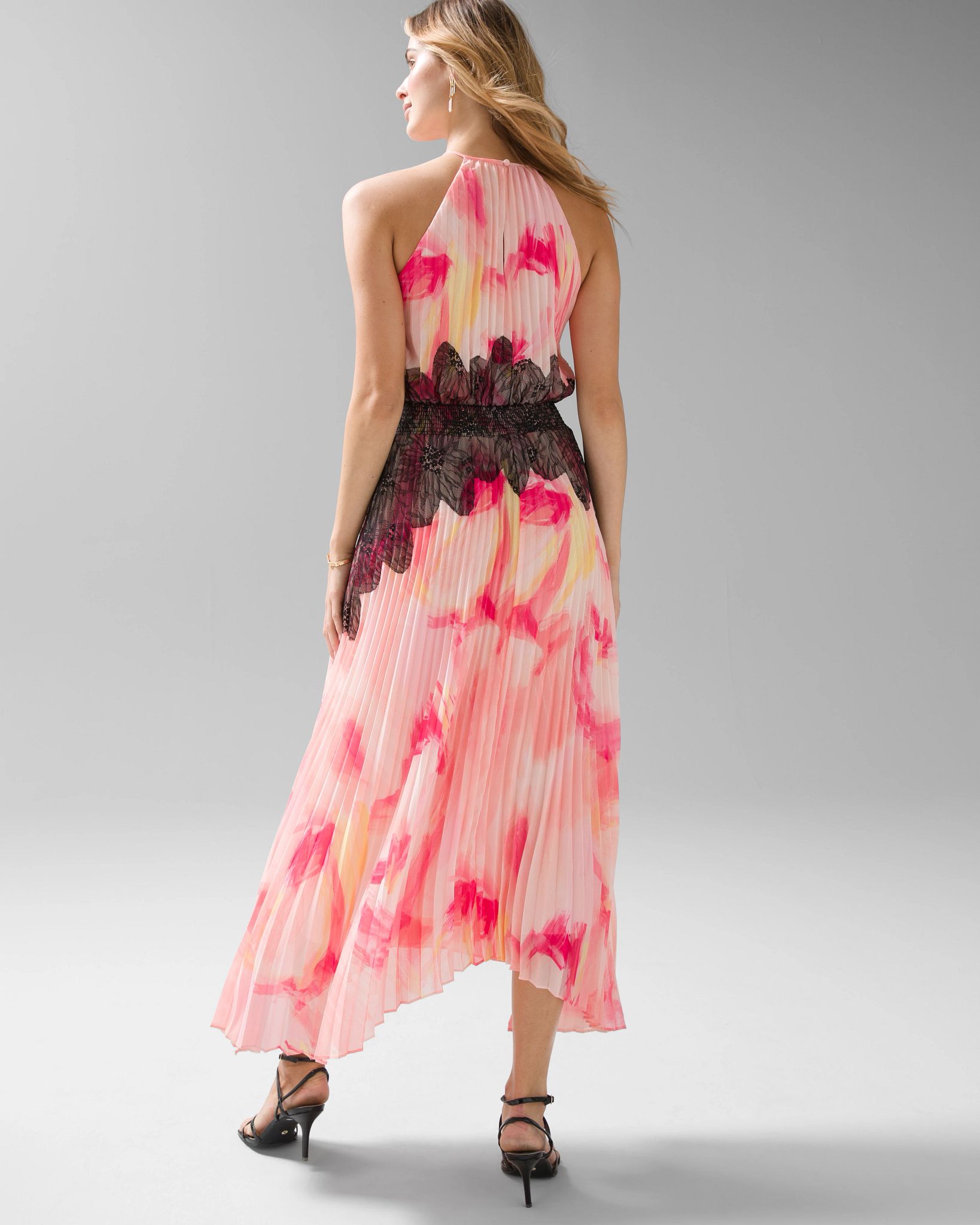 Sleeveless Pleated Halter Dress with Lace Detail