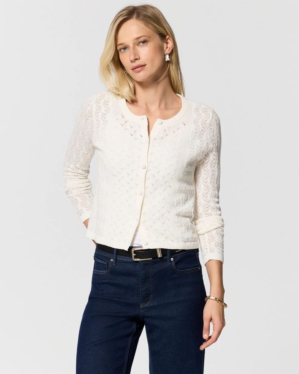 Pointelle Cotton Button-Front Cardigan