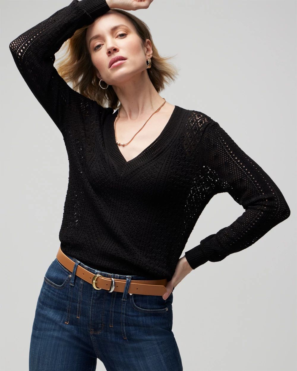 Long Sleeve Pointelle V-Neck Pullover