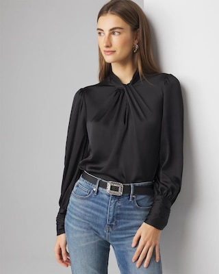 Long Sleeve Twisted Neck Satin Blouse