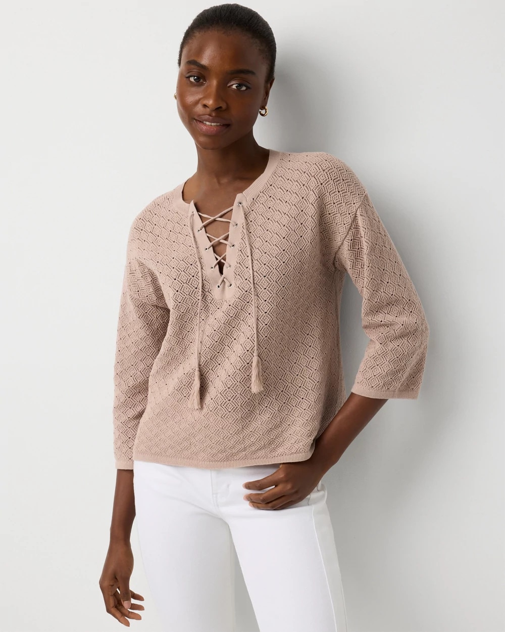 Lace-Up Notch Neck Pullover - image 1