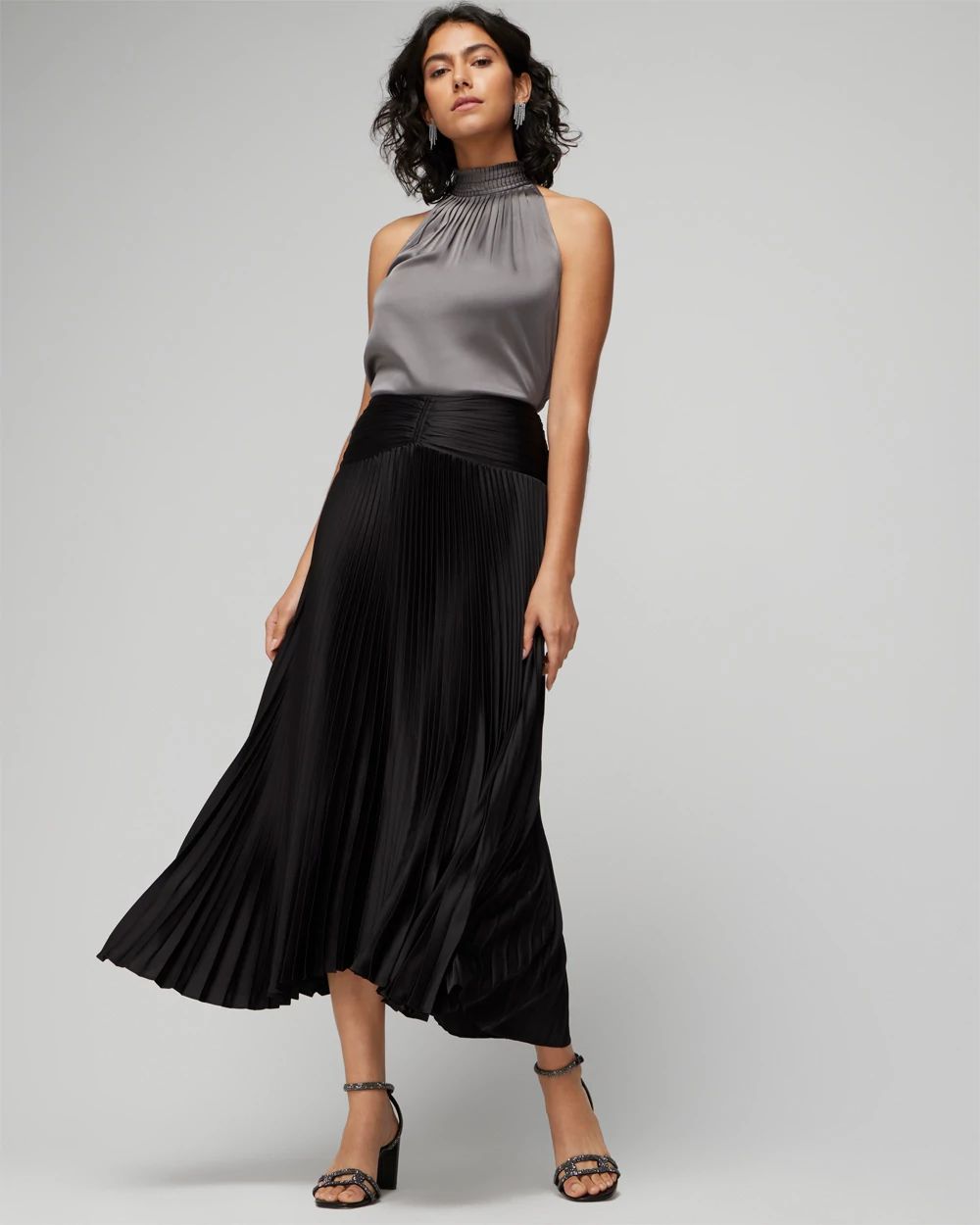 Black Satin Skirt Silk Pleated Midi Skirt Silk-Blend Pleated Satin