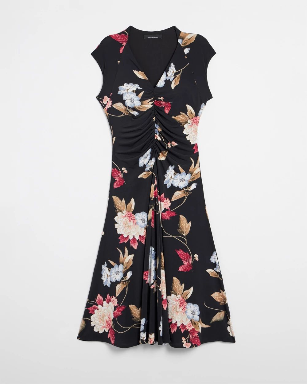 Cap Sleeve Matte Jersey Shirred Midi Dress