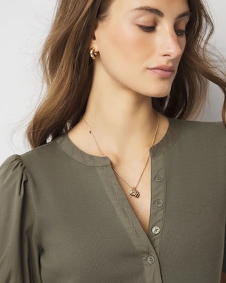 Poplin Puff-Sleeve Henley Top click to view larger image.