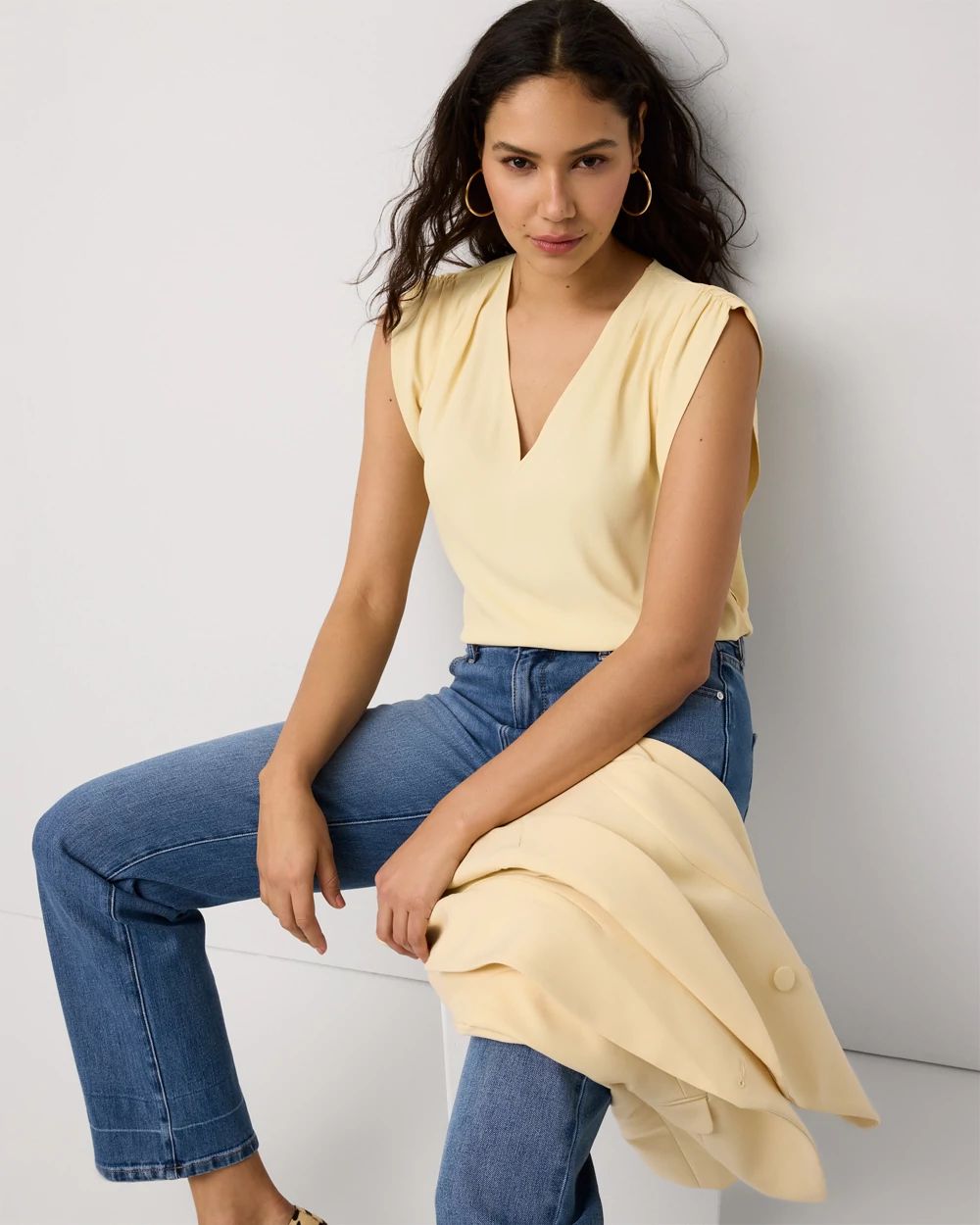 Petite Ruched Shoulder Crepe Shell