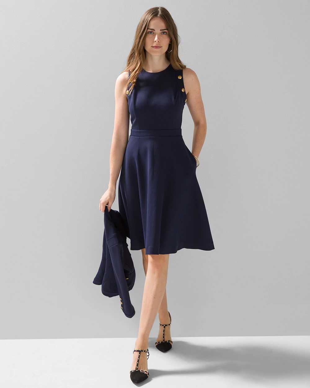 Petite Sleeveless Ponte Fit & Flare Dress With Crest Button Detail