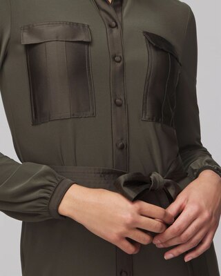 Long Sleeve Matte Jersey Shirtdress With Satin