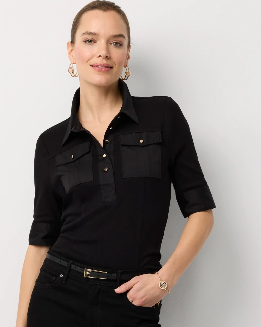 Poplin Detail Knit Polo Henley