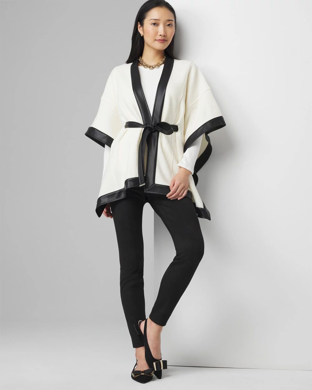 Wool Blend Ruana with Faux Leather Trim | White House Black Market