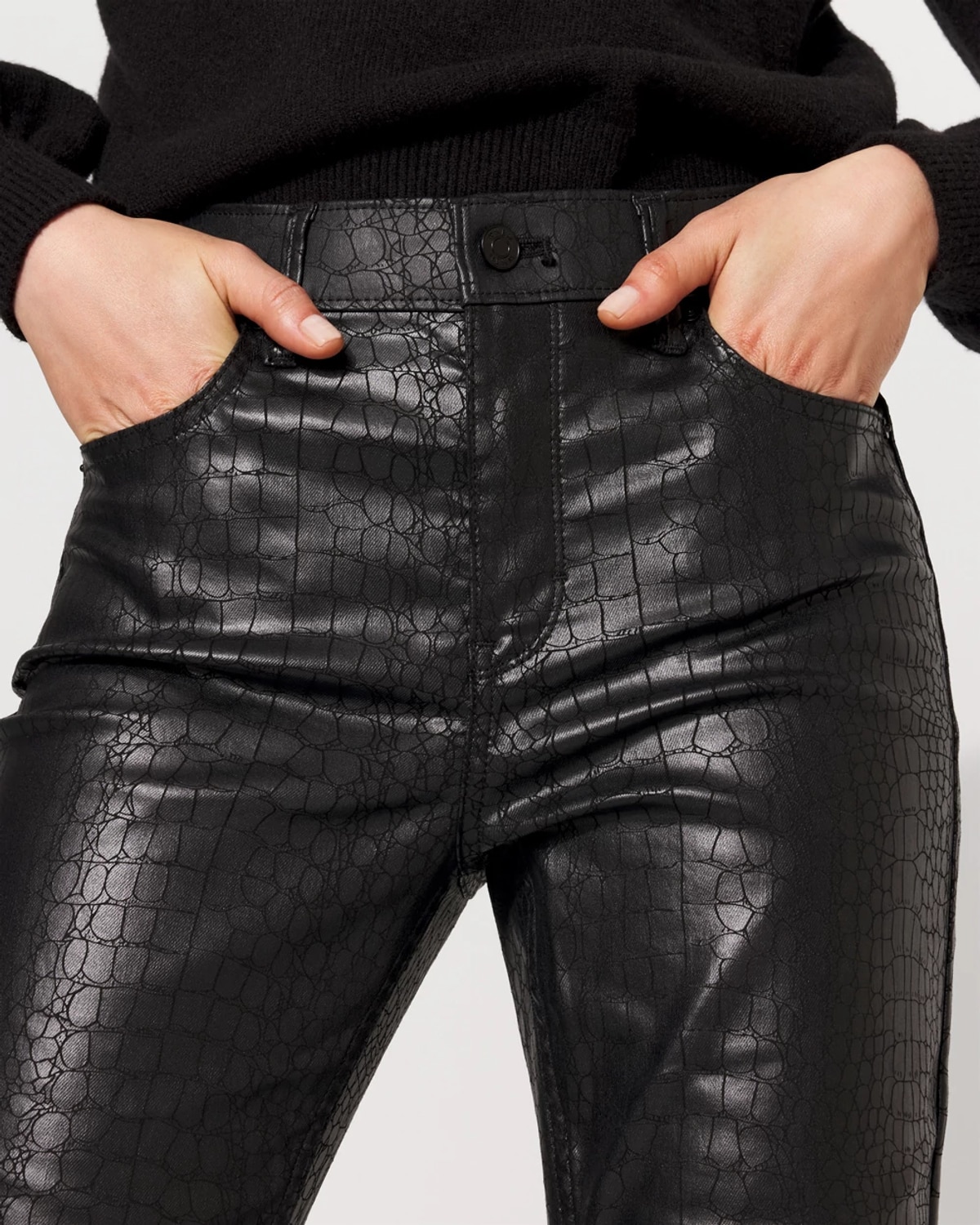 White House Black Market Crocodile Coated Denim High-rise Bootcut Jeans In Black