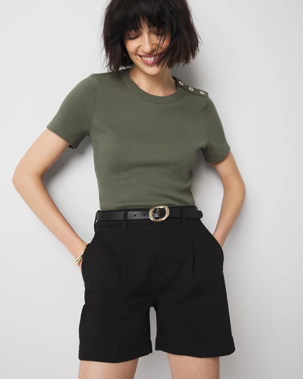 High-Rise Pleated Denim Short