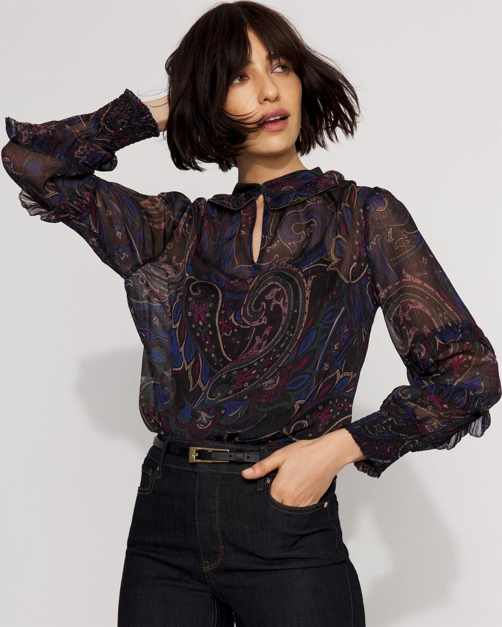 Petite Jacquard Ruffle Sleeve Chiffon Blouse