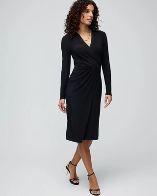 Long Sleeve Matte Jersey Faux Wrap Midi Dress