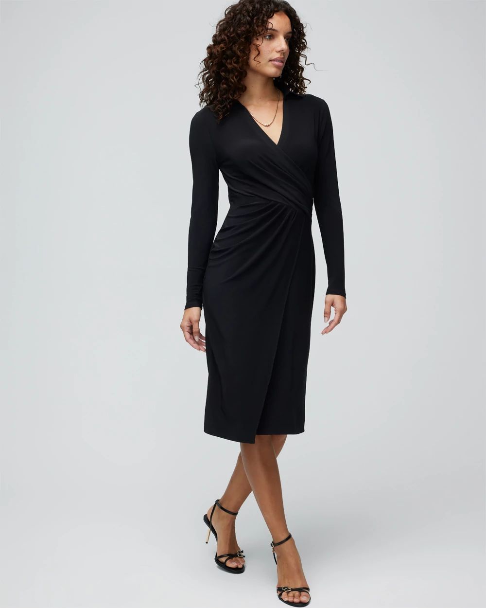 Long Sleeve Matte Jersey Faux Wrap Midi Dress