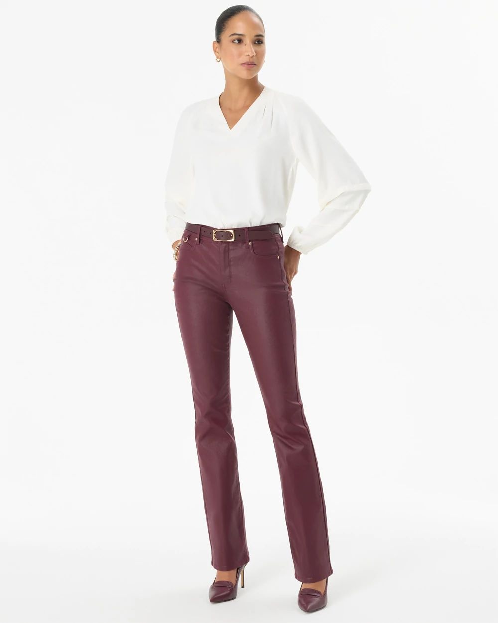 Coated Micro Bootcut Jeans click to view larger image.
