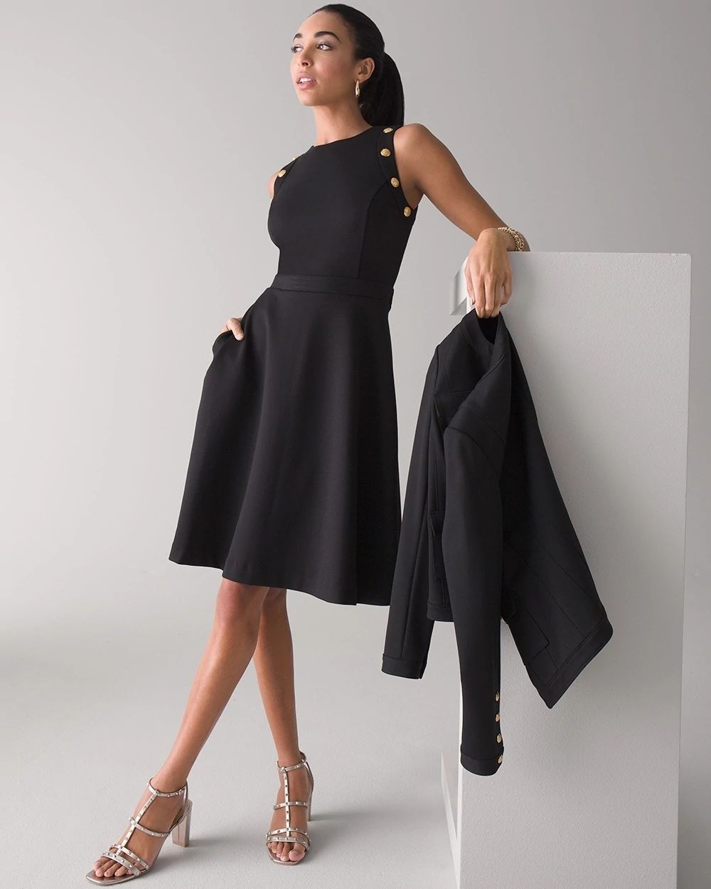 Petite Sleeveless Ponte Fit & Flare Dress With Crest Button Detail