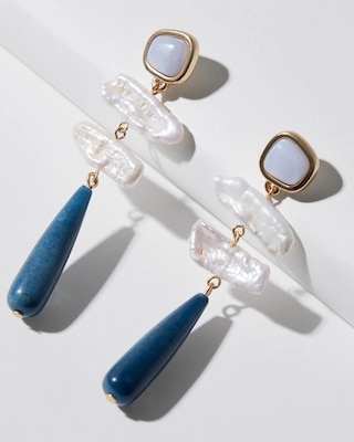 Goldtone & Blue Faux Pearl Linear Earrings