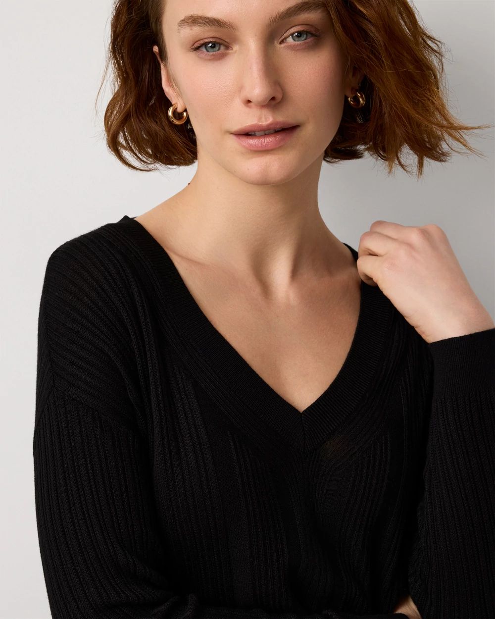 Ribbed Long Sleeve V-neck Sweater click to view larger image.