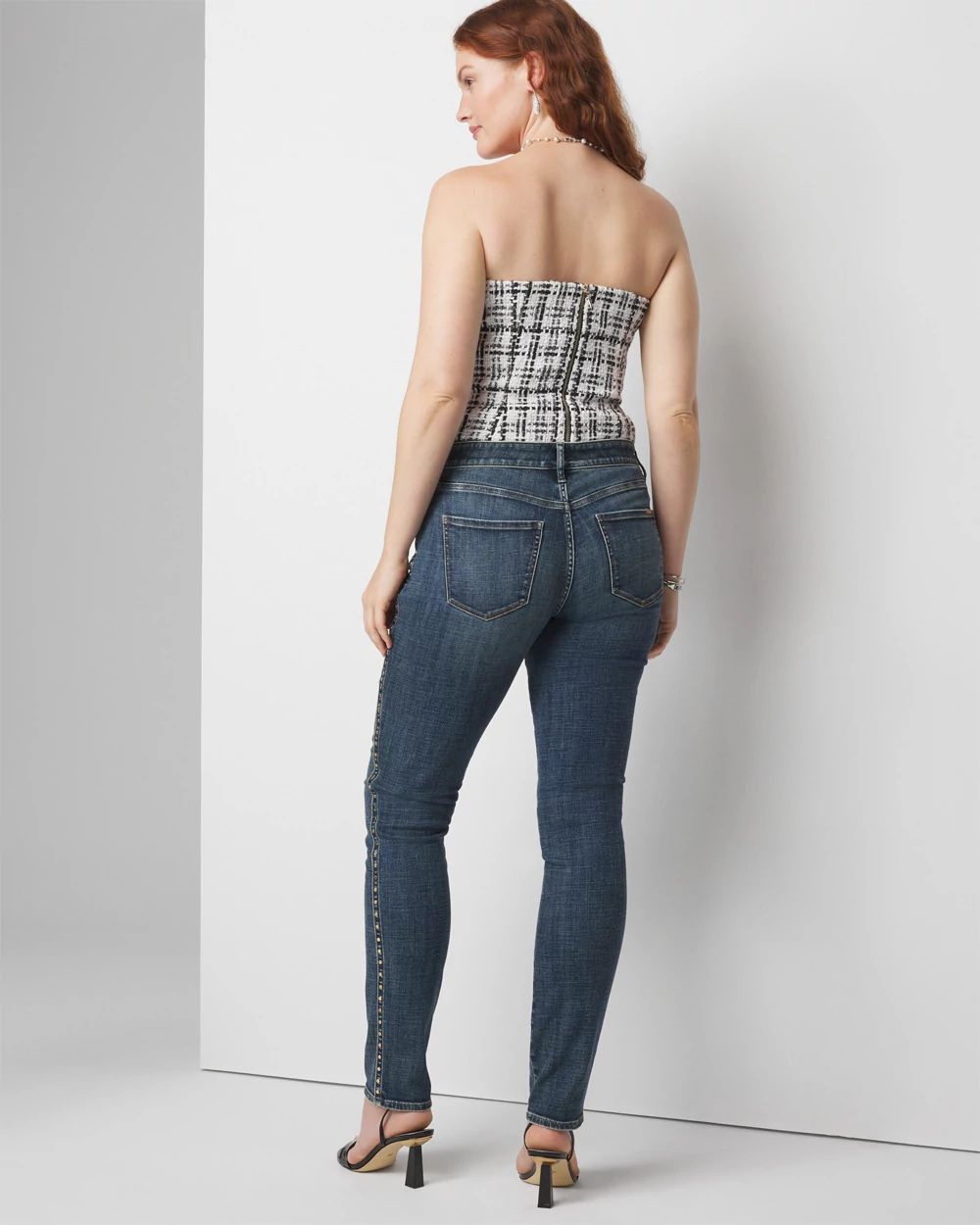 Petite Mid-Rise Everyday Soft Denim Studded Girlfriend Jeans click to view larger image.