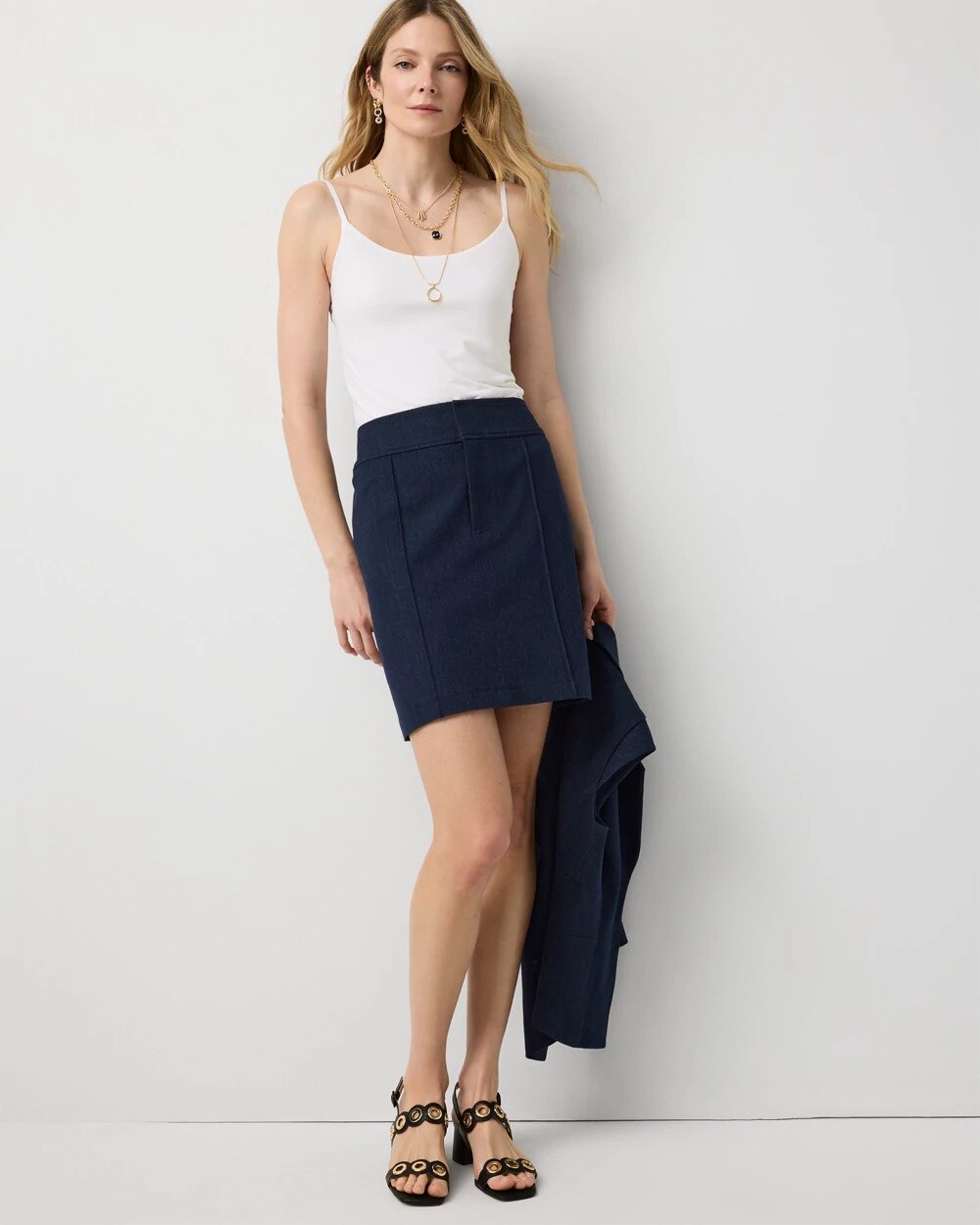 Women's Denim-Look Tailored Pencil Skirt in Dark Indigo Crosshatch size 12 | White House Black Market