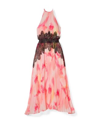Sleeveless Pleated Halter Dress with Lace Detail