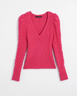 V-Neck Puff Sleeve Cable Pullover Sweater click to view larger image.