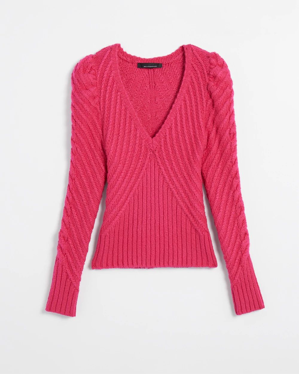 Petite V-Neck Puff Sleeve Cable Pullover Sweater click to view larger image.