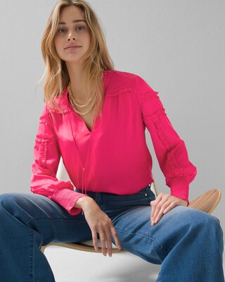 Tie-Neck Ruffle-Sleeve Blouse