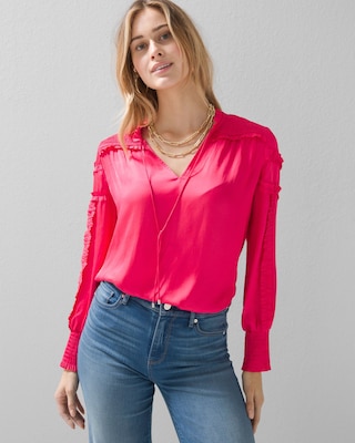 Tie-Neck Ruffle-Sleeve Blouse