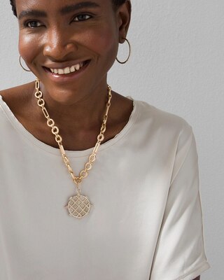 Goldtone Compass & Logo Necklace