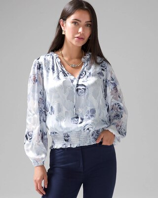 Silk Burnout Smocked Blouse