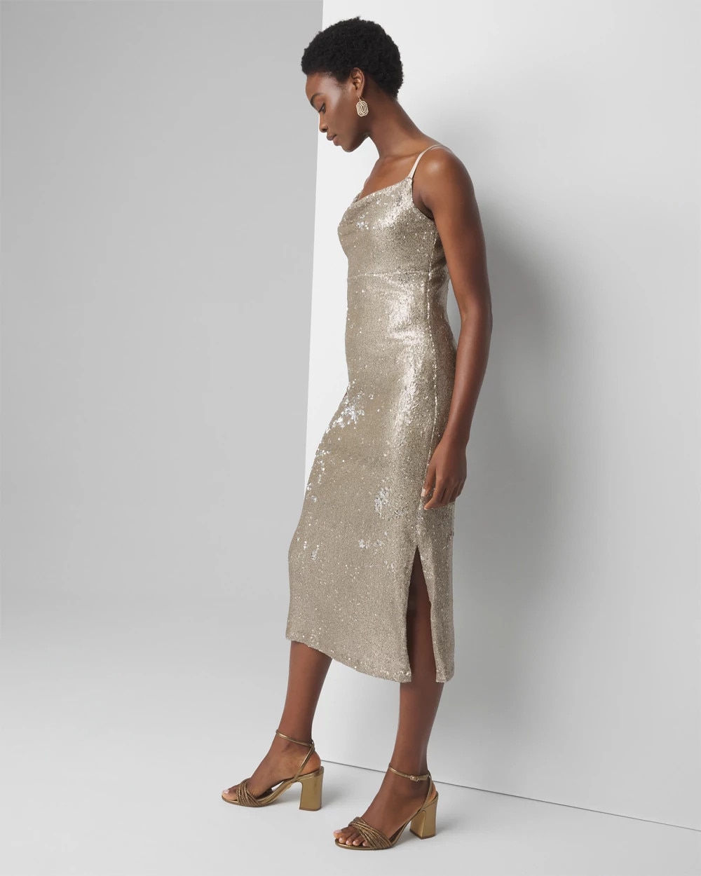 Cowl Neck Sequin Midi Dress