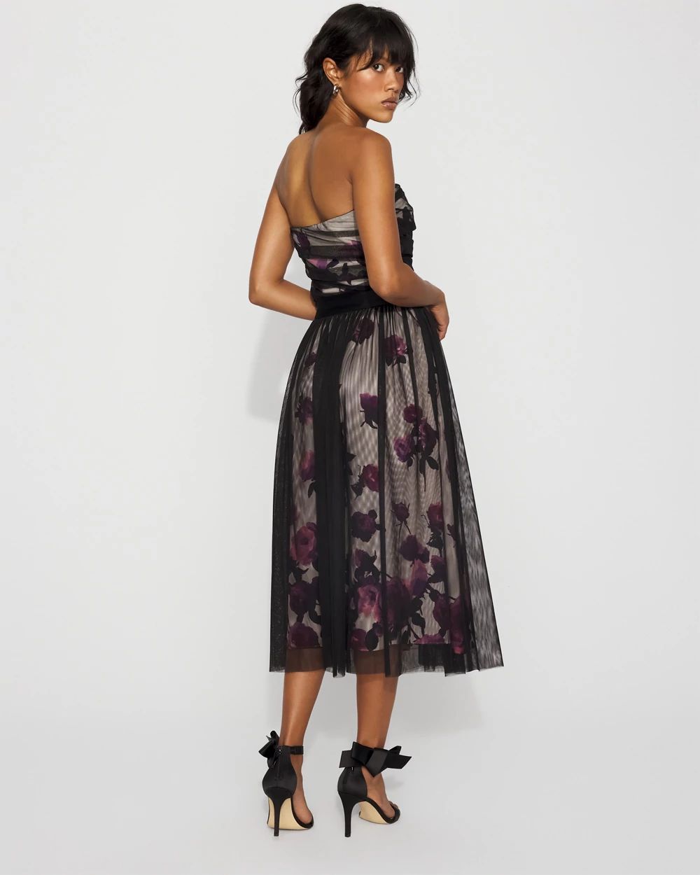 Tulle Overlay Floral Midi Skirt