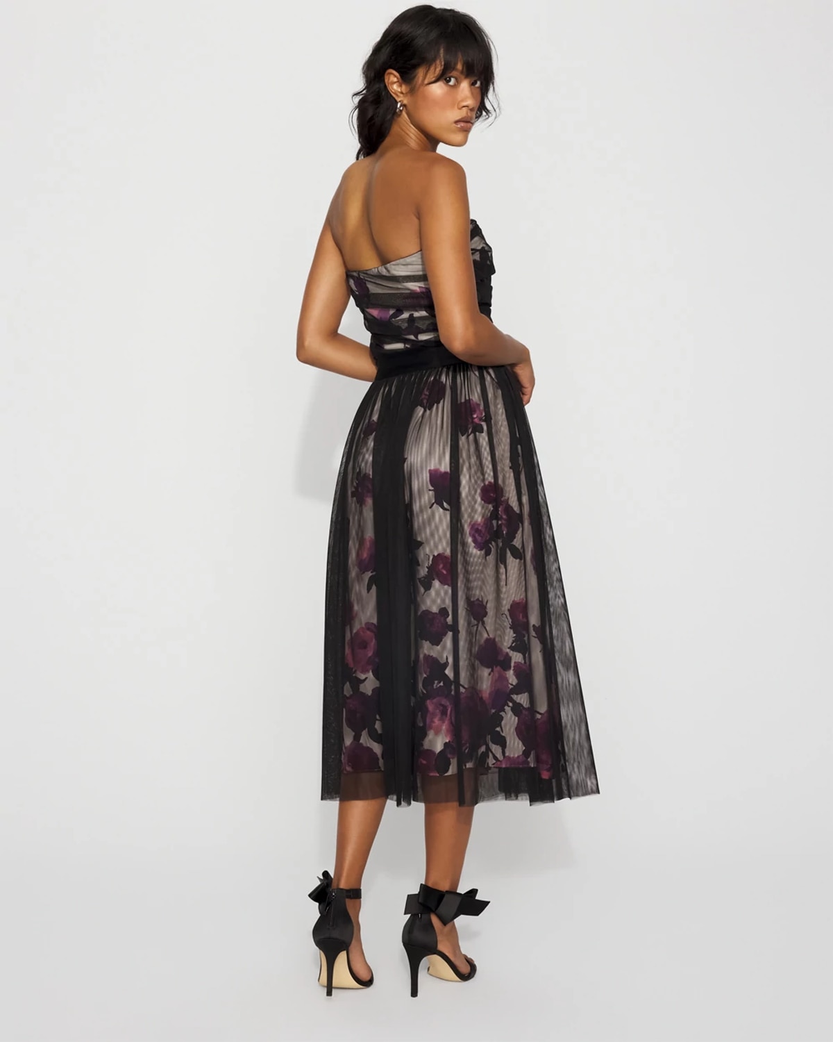White House Black Market Tulle Overlay Floral Midi Skirt