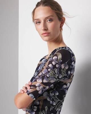 Elbow Sleeve Printed Mesh Ruched Tee click to view larger image.