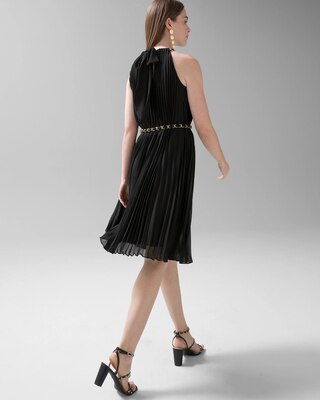 Sleeveless Pleated Halter Dress with Chain Detail